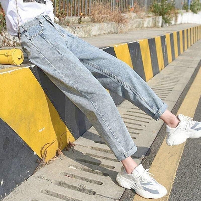 MOJTA Grijze jeans Dames herfst hoge taille losse slanke rechte lichte Harlan broek M lichtblauwe kleur