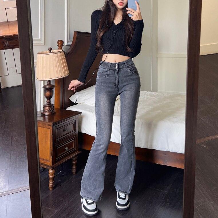 NIJIUDING Boutique Herfst Lente Skinny Jeans Vrouwen Denim Broek Vintage Strakke Broek Mode Vrouwelijke Slanke Elastische Casual Split Flare Broek XXL donkergrijze kleur