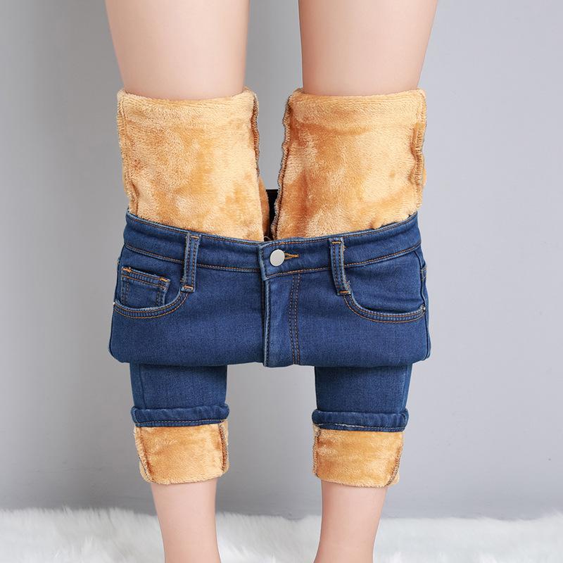 JunChengMY Wintermode Warme hoge taille pluche verdikte jeans Dames elastische voetenbroek 32 blauw
