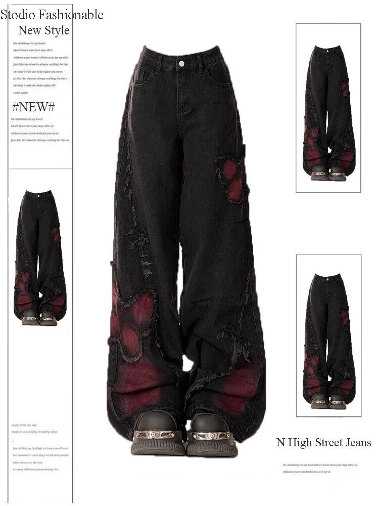 Exotic Vrouwen zwarte gothic baggy jeans harajuku Y2k esthetische vlinder denim broek Koreaanse Jean broek vintage jaren 2000 trashy kleding S zwart