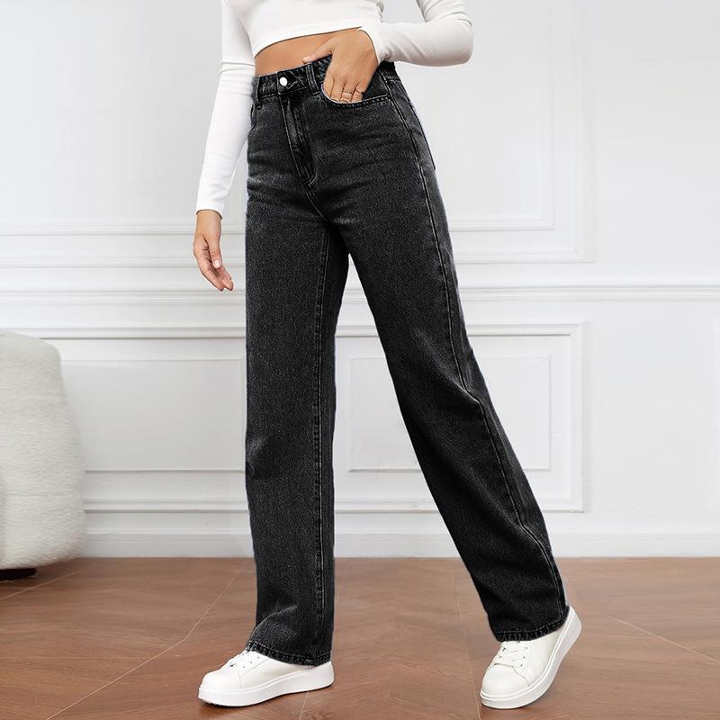 Pony Mall New high-waisted washed women's jeans long section fashion versatile models straight trousers female XL zwart