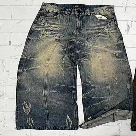 LIngzhi Jeans Retro Distressed High Waisted Baggy Jeans Punk Hip Hop Mannen Vrouwen Wijde Pijpen Rechte Denim Broeken Slouchy Streetwear XXL blauw