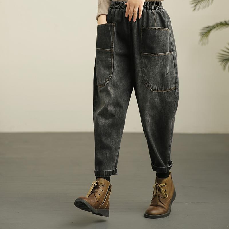 First Club Women's Spring and Autumn Vintage Old Jeans Summer Loose Wide Leg Haren Pants L zwart