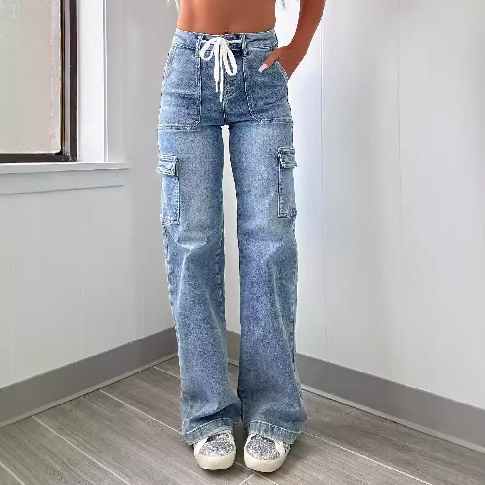 Qiu Yi Crew Jeans Dames Casual Lace-Up Multi-Pocket Functionele Werkbroek XXL lichtblauwe kleur