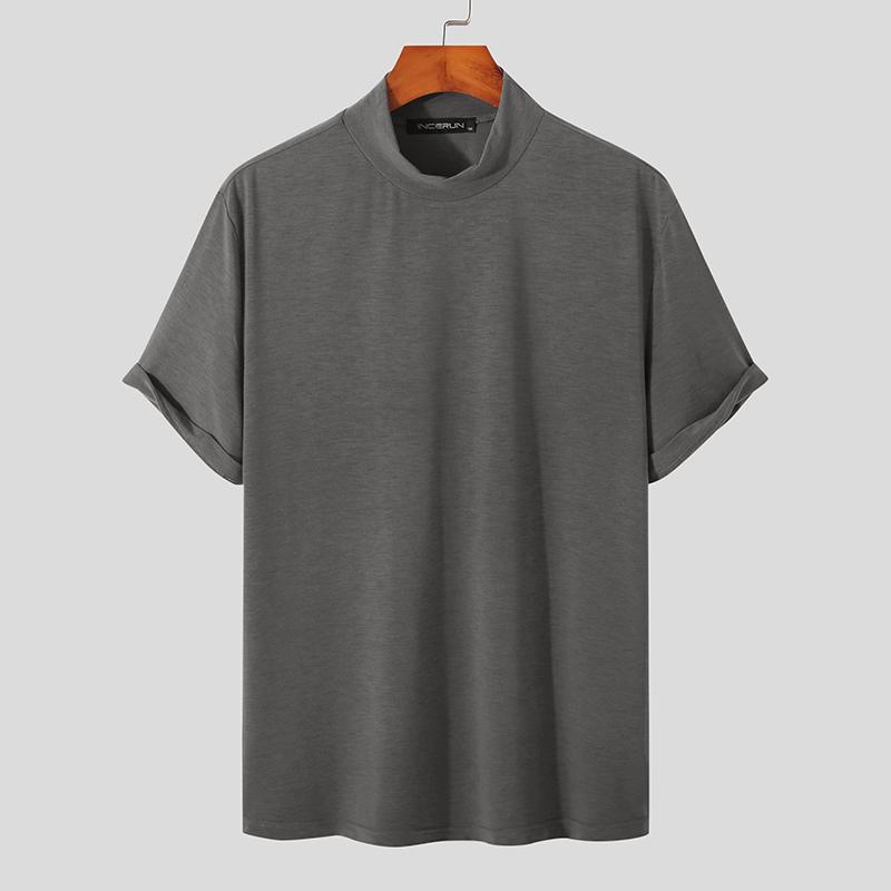 INCERUN Zomer Heren Hoge Hals Korte Mouw Basics T-shirts Slim Fit Effen Kleur Comfortabel Casual Losse Ondershirts T-shirts Plus Size 3XL grijs
