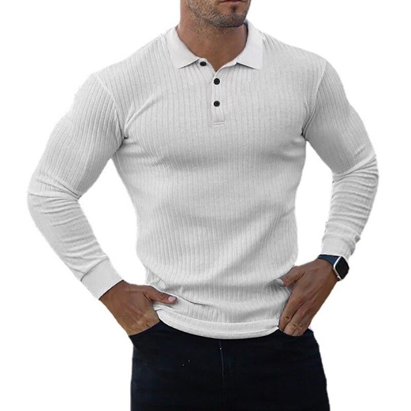 Muscleguys Herfst Effen Heren Elastisch Business Casual POLO Shirt Zachte Comfortabele Mode Gestreepte Top XXL wit