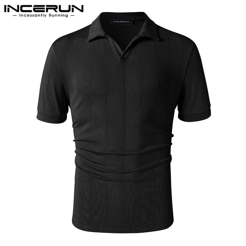 INCERUN Zomer Heren Korte Mouw V Hals Revers Slim Polo Tops 3XL zwart
