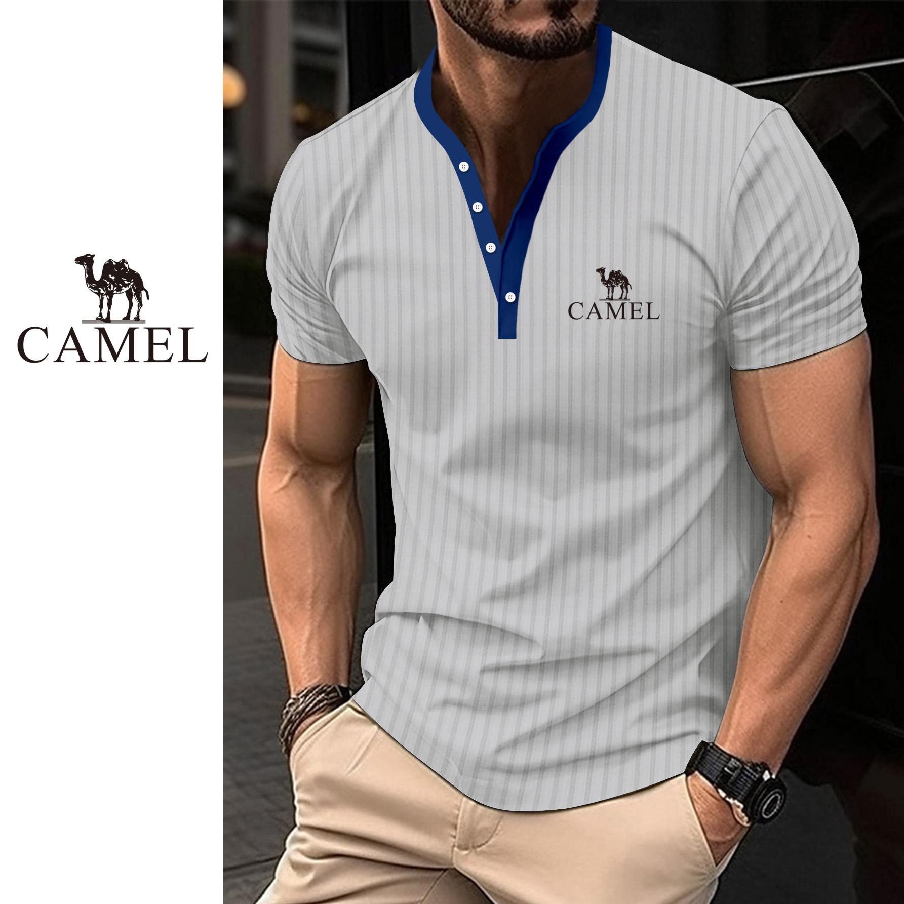 Camel 2024 Zomer Heren Effen Kleur Pit Streep Casual Knop V-hals Slim Fit Geborduurd T-shirt Met Korte Mouwen 3XL