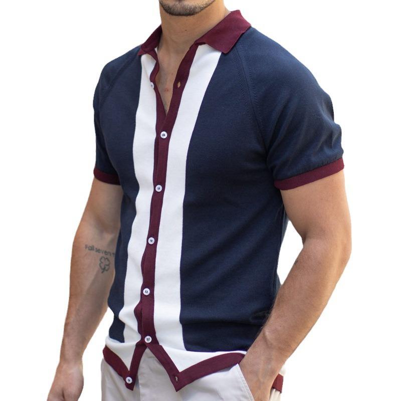 Cozy  Up Cosy Up Heren Poloshirts Vintage Gestreepte Breien Korte Mouwen Button Down Golfshirts 3XL blauw