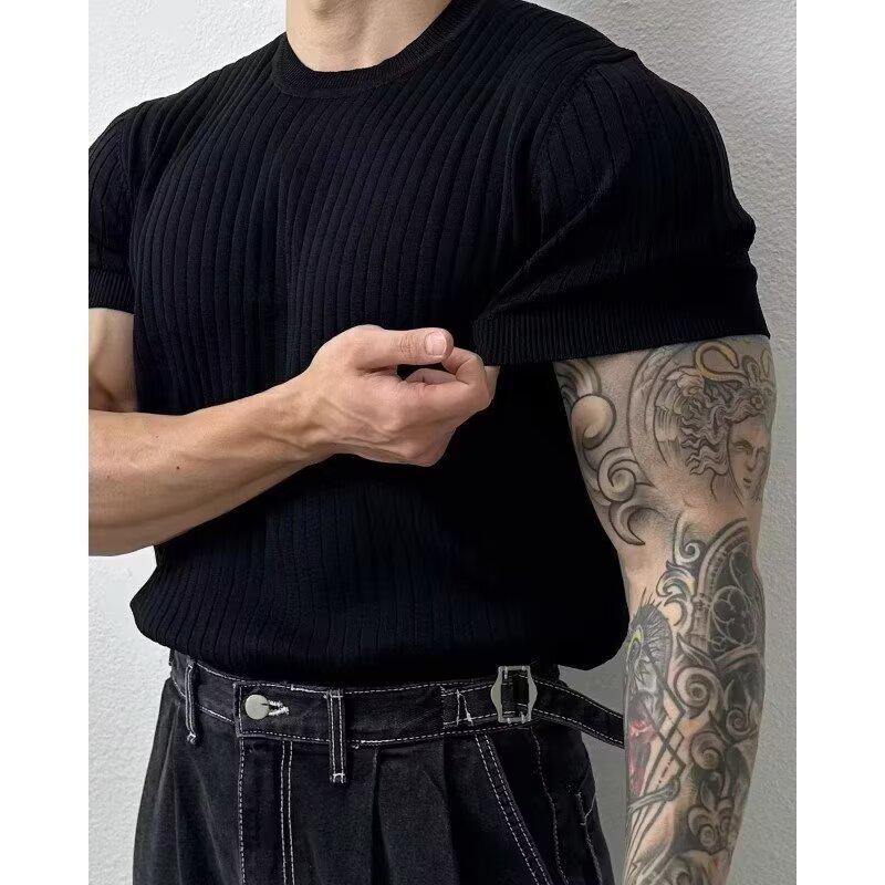 StrideBox Men's Slim Fit Vertical Striped Short-Sleeve Sweater with Round Neck XL zwart