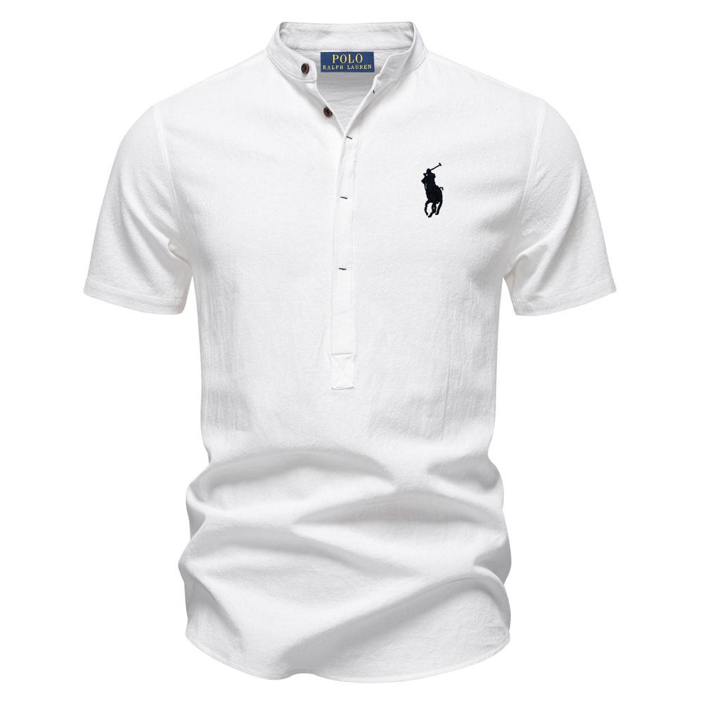 High Street Clothing Polo Ralph Lauren Spring/Summer Pony Embroidered Business Casual Shirt Men's Short Sleeved Cotton Linen Shirt Stand Collar Cotton Shirt M