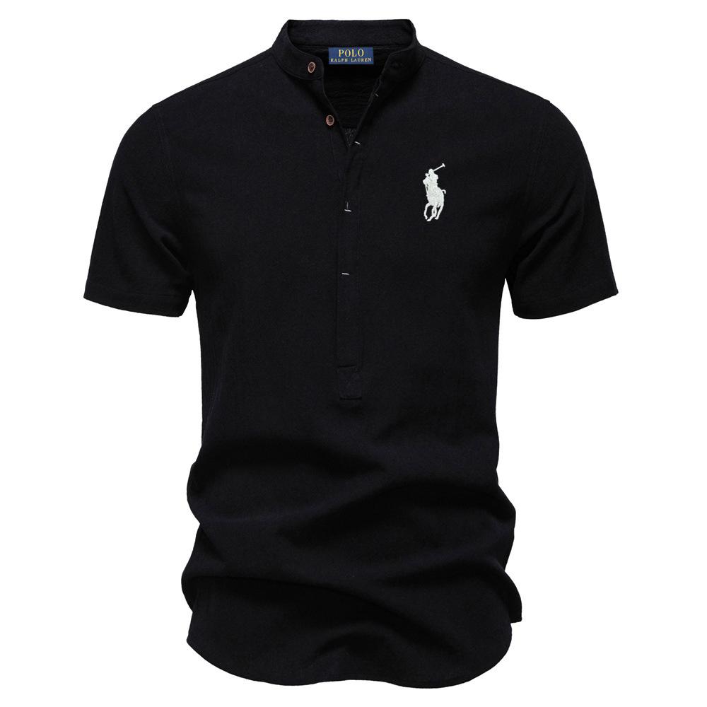 High Street Clothing Polo Ralph Lauren Spring/Summer Pony Embroidered Business Casual Shirt Men's Short Sleeved Cotton Linen Shirt Stand Collar Cotton Shirt L