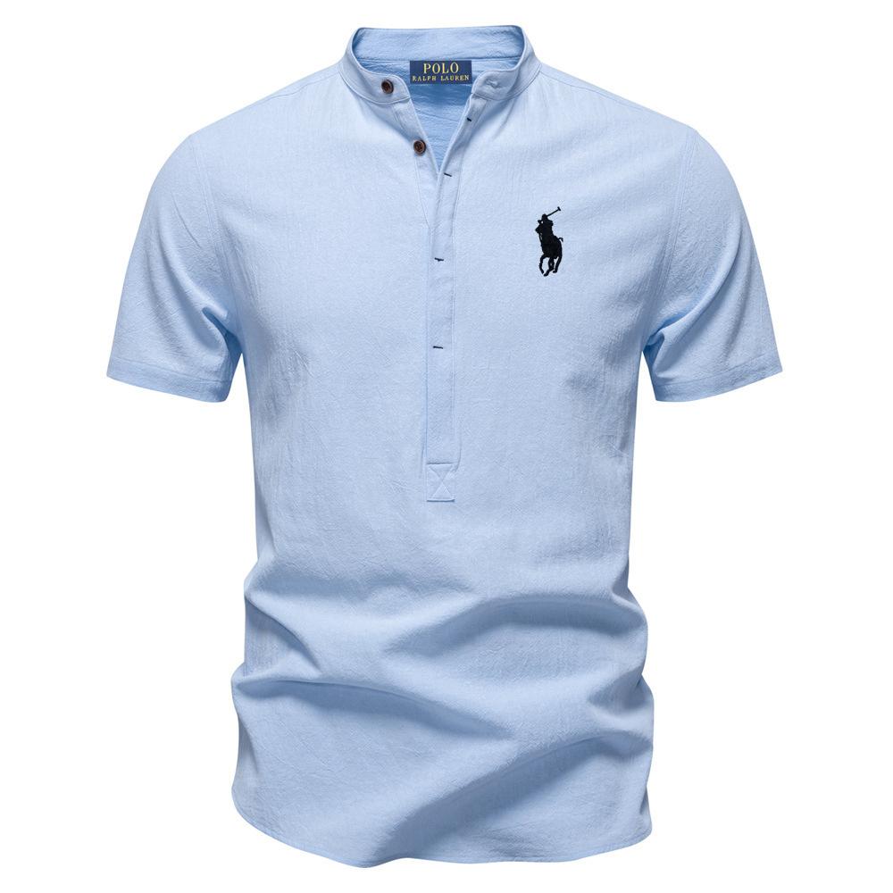 High Street Clothing Polo Ralph Lauren Spring/Summer Pony Embroidered Business Casual Shirt Men's Short Sleeved Cotton Linen Shirt Stand Collar Cotton Shirt M