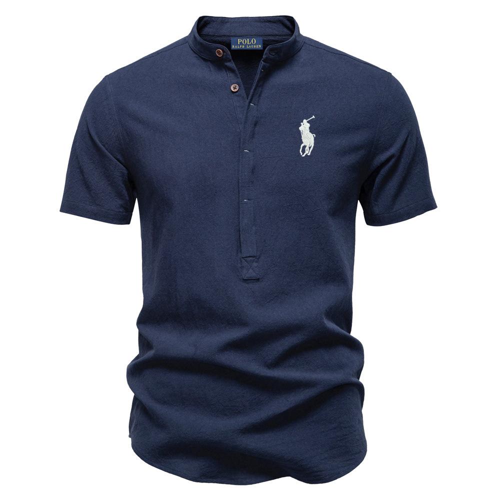 High Street Clothing Polo Ralph Lauren Spring/Summer Pony Embroidered Business Casual Shirt Men's Short Sleeved Cotton Linen Shirt Stand Collar Cotton Shirt M