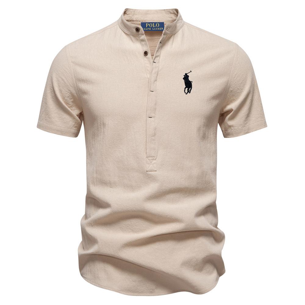 High Street Clothing Polo Ralph Lauren Spring/Summer Pony Embroidered Business Casual Shirt Men's Short Sleeved Cotton Linen Shirt Stand Collar Cotton Shirt L