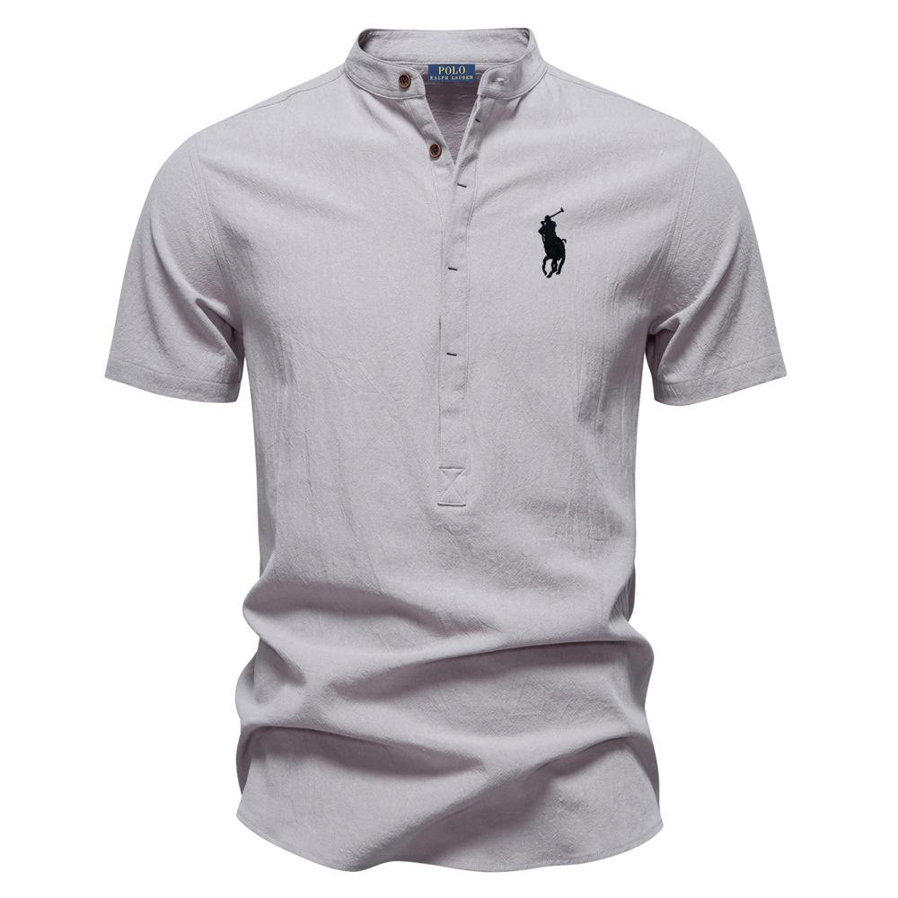 High Street Clothing Polo Ralph Lauren Spring/Summer Pony Embroidered Business Casual Shirt Men's Short Sleeved Cotton Linen Shirt Stand Collar Cotton Shirt L