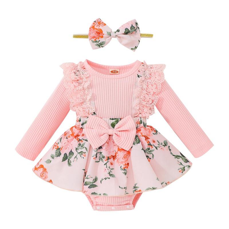 Happytimes Romper-outfits voor pasgeboren meisje in jurkstijl, bodysuit met kanten patchwork en bloemenpatroon met lange mouwen + hoofdband met strikknoop 100cm roze