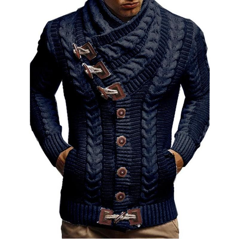 CHARM CLOTHINGS Europese, Amerikaanse herfst- en winterkleding voor heren Coltrui Knoop Hoornknoop Leren knoop Trui Gebreide herenvest Op kleding XL donkerblauwe kleur