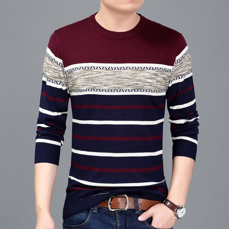 WTEMPO Heren Pullover Warme trui met lange mouwen Ronde hals Gestreepte trui Zacht en comfortabel shirt 2XL