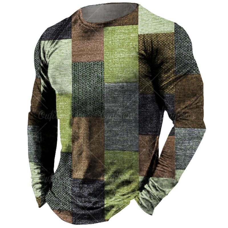 Wengy 2 Vintage Men's Long Sleeve T-shirt Tops Plaid Print Autumn Oversized Sweatshirt Male O-neck Casual Daily Streetwear Men Clothing 6XL