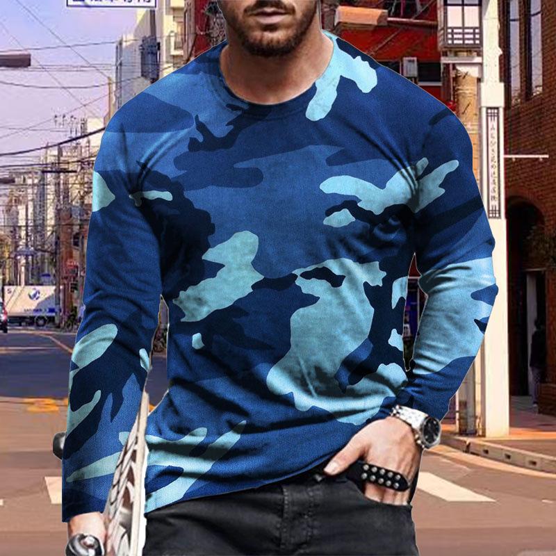 Womens blouse shirts New 3D Mixing Colors Print Mens Tshirts Long Sleeve Tees Round Neck Casual Pullover Mens Clothing Plus Size 8XL blauw