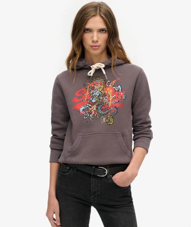 Superdry Tokyo Hoodie met Vintage Logo en Grafische Print Grijs