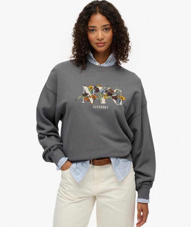Superdry Oversized Night Garden Sweatshirt met Ronde Hals Dark Grey