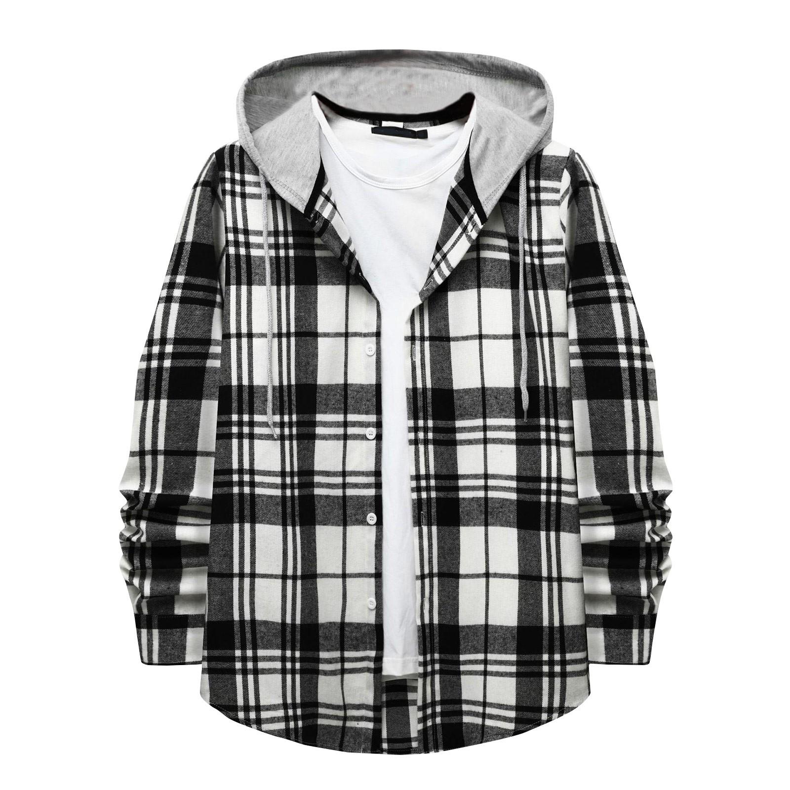Timoduizhang Heren geruit overhemd met capuchon en knoopsweater Casual mode-sweatshirt voor heren XL wit