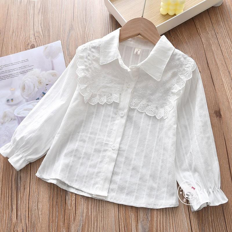 Happytimes Lente Katoen Meisjes Blouses Shirt Lange Mouw Effen Wit Tops Kids Revers Voor Schoolkleding Kinderen Tops 160cm wit