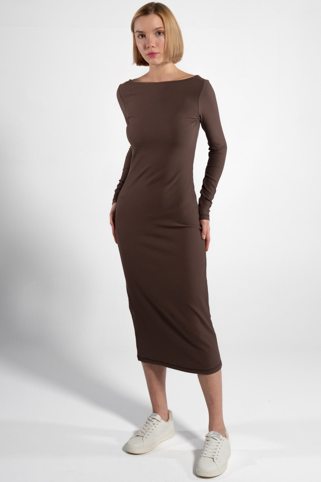 GORG Damen vegan Kleid LangÃ¤rmelig Gerippt Mokka Braun