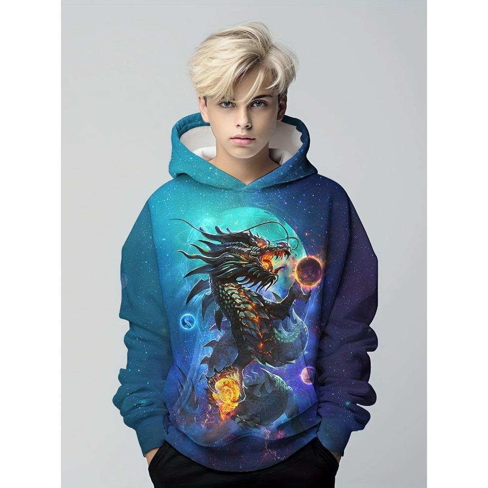 ETST008 Mode Draak 3D Print Jongens Casual Pullover Capuchon Lange Mouw Sweatshirt Voor Lente Herfst, Kinderen Hoodie Tops Outdoor 160CM