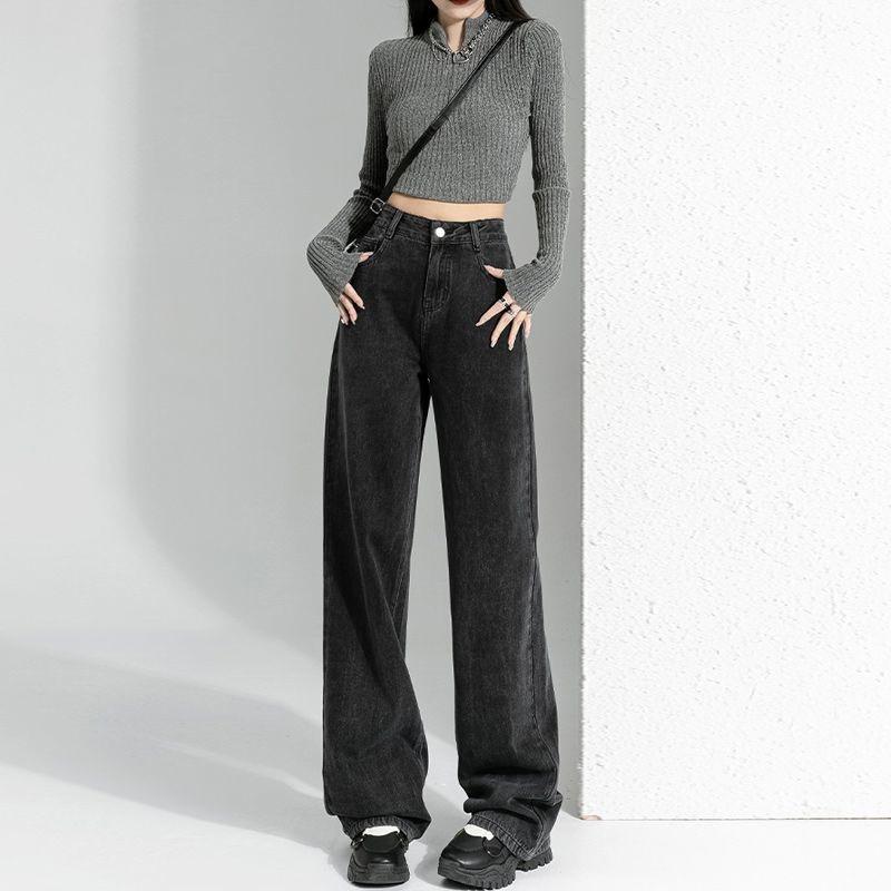 Qiu Yi Hoge taille wijde pijpen losse rechte pijpen gedrapeerde jeans M grijs/zwart