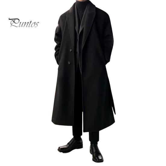 DILLER Heren Lange Wollen Jas Revers Lange Mouw Effen Kleur Windjack Zakken Twee Knoopsluiting Effen Kleur Middellange Lengte Buitenkleding XL zwart