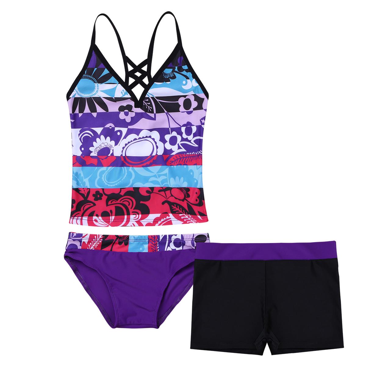 IEFiEL Kleine grote meisjes 3-delig badpak mode bloemen tankini bikini set kindertanktop met korte broeken 7-8 Years paars