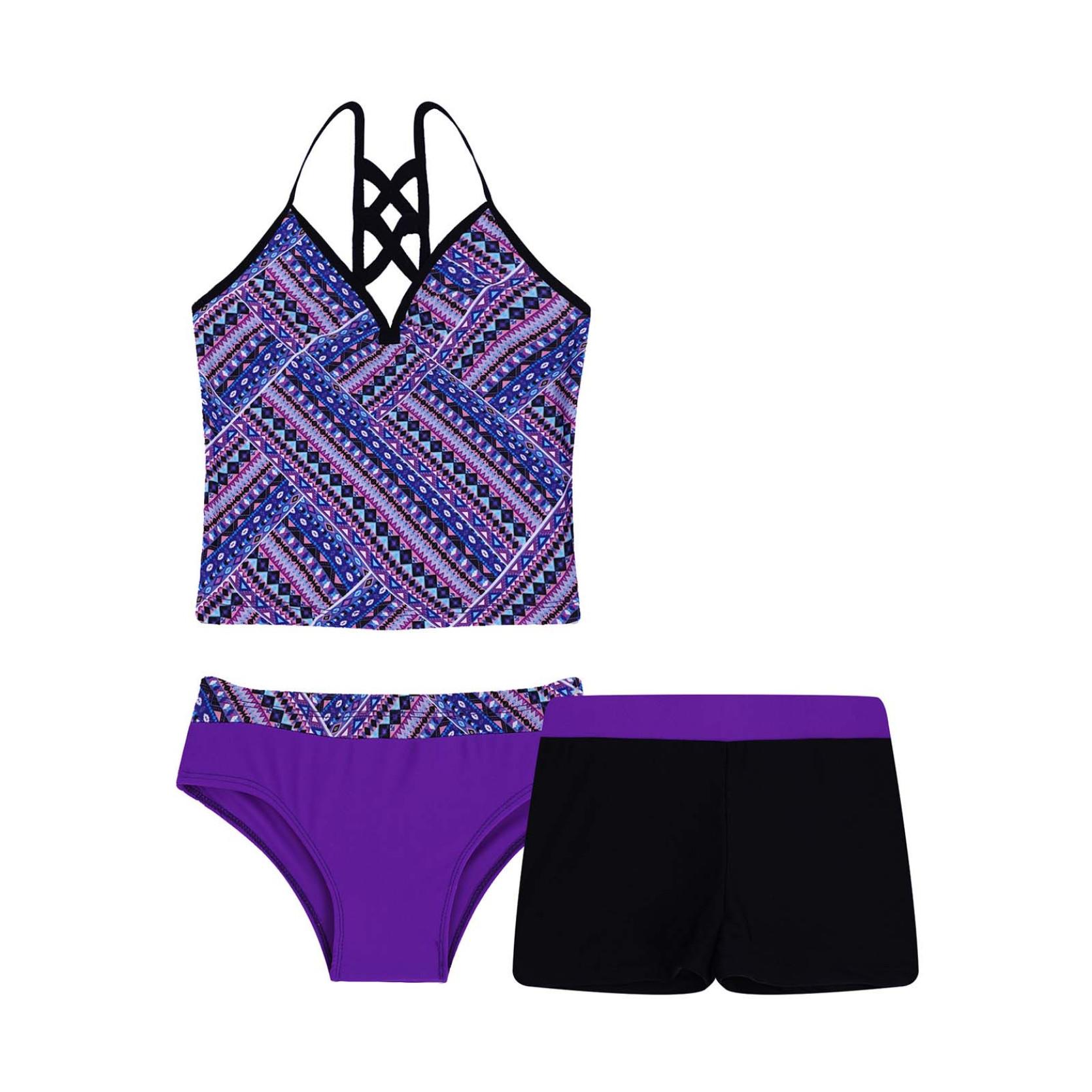 IEFiEL Kleine grote meisjes 3-delig badpak mode bloemen tankini bikini set kindertanktop met korte broeken 11-12 Years marine paarse kleur