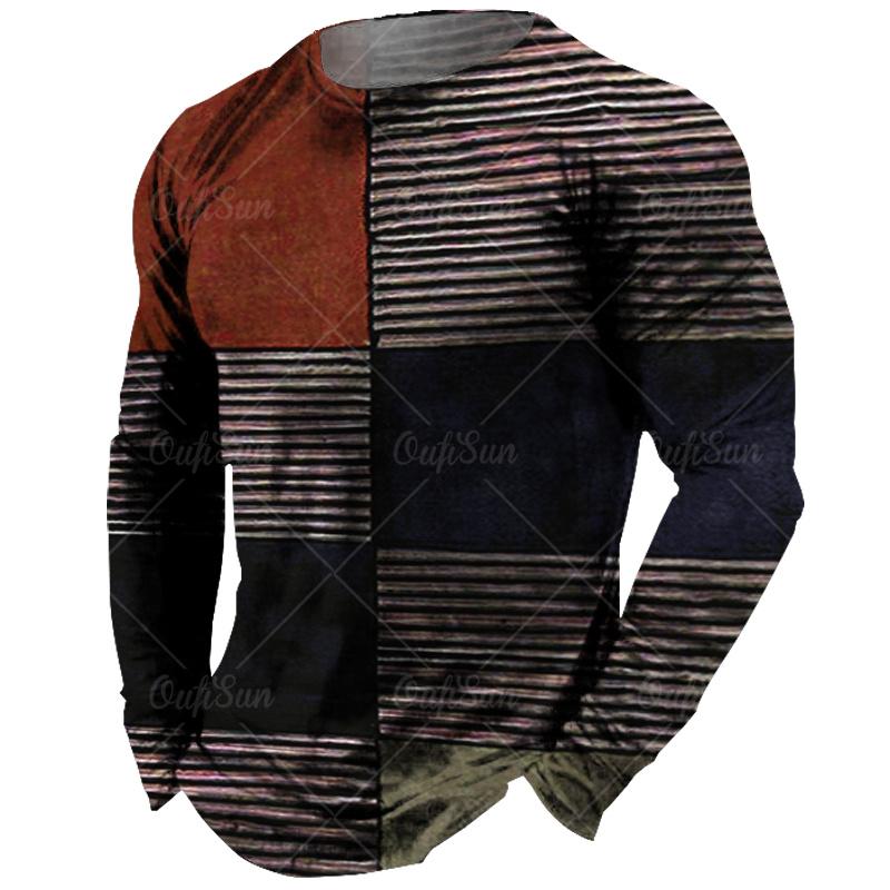 Wengy 2 Vintage Men's Long Sleeve T-shirt Tops Plaid Print Autumn Oversized Sweatshirt Male O-neck Casual Daily Streetwear Men Clothing 2XL