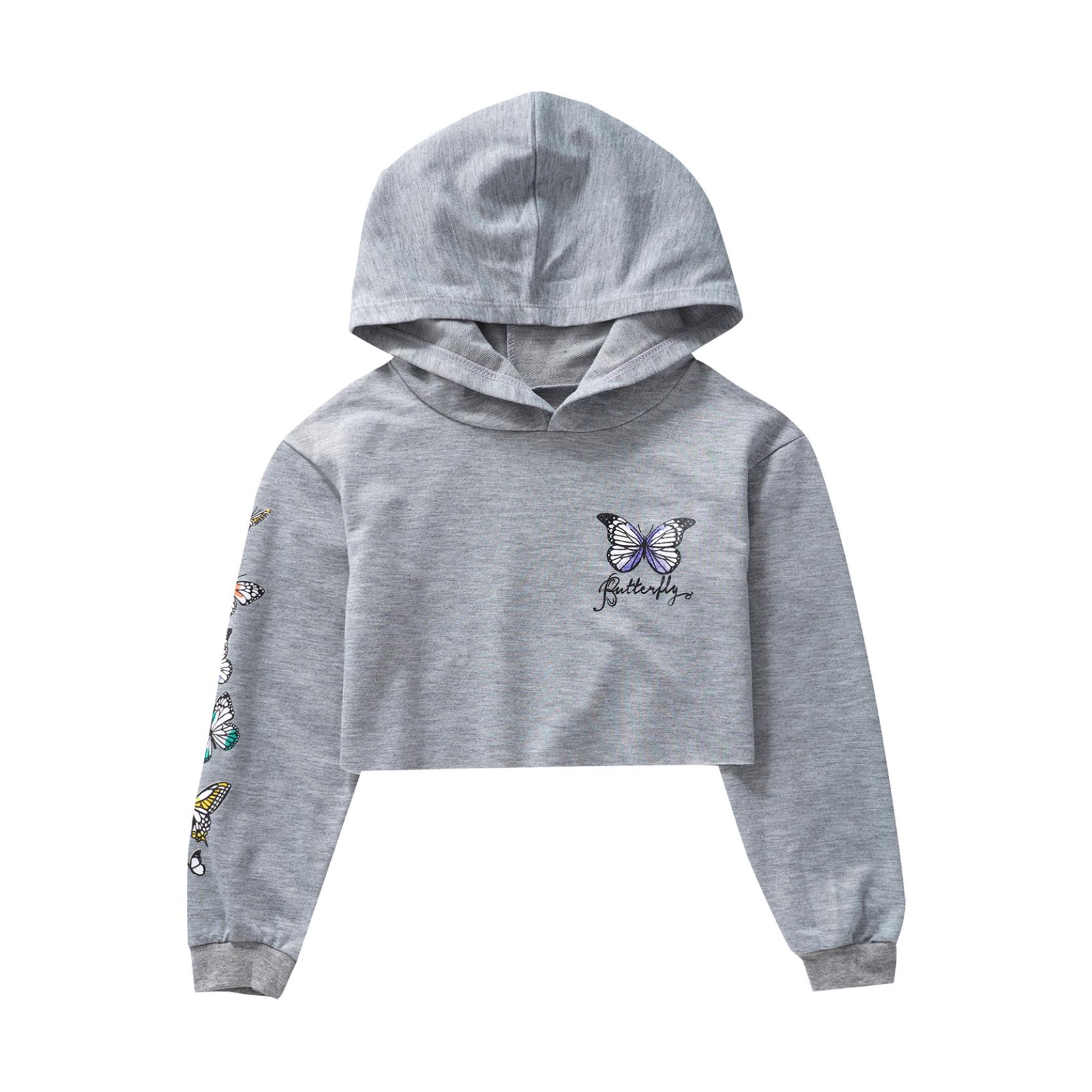 IEFiEL Meisjes vlinderprint crop tops met capuchon jassen kindersweatshirts herfstkleding 9-10 Years grijs