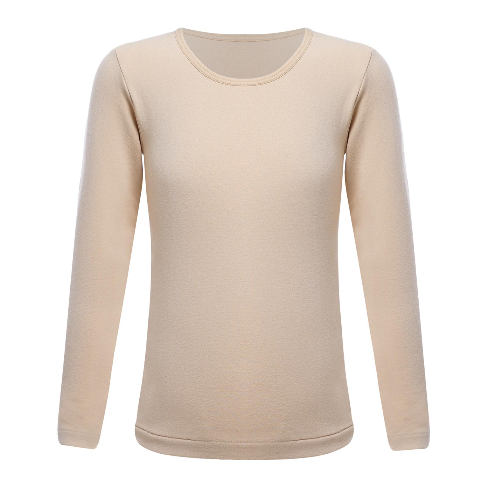 IEFiEL Kinderen Meisjes Effen kleur Lange mouwen Dunne fleece shirts Rekbare thermische ronde hals Pullover Tops 10-12 Years nude