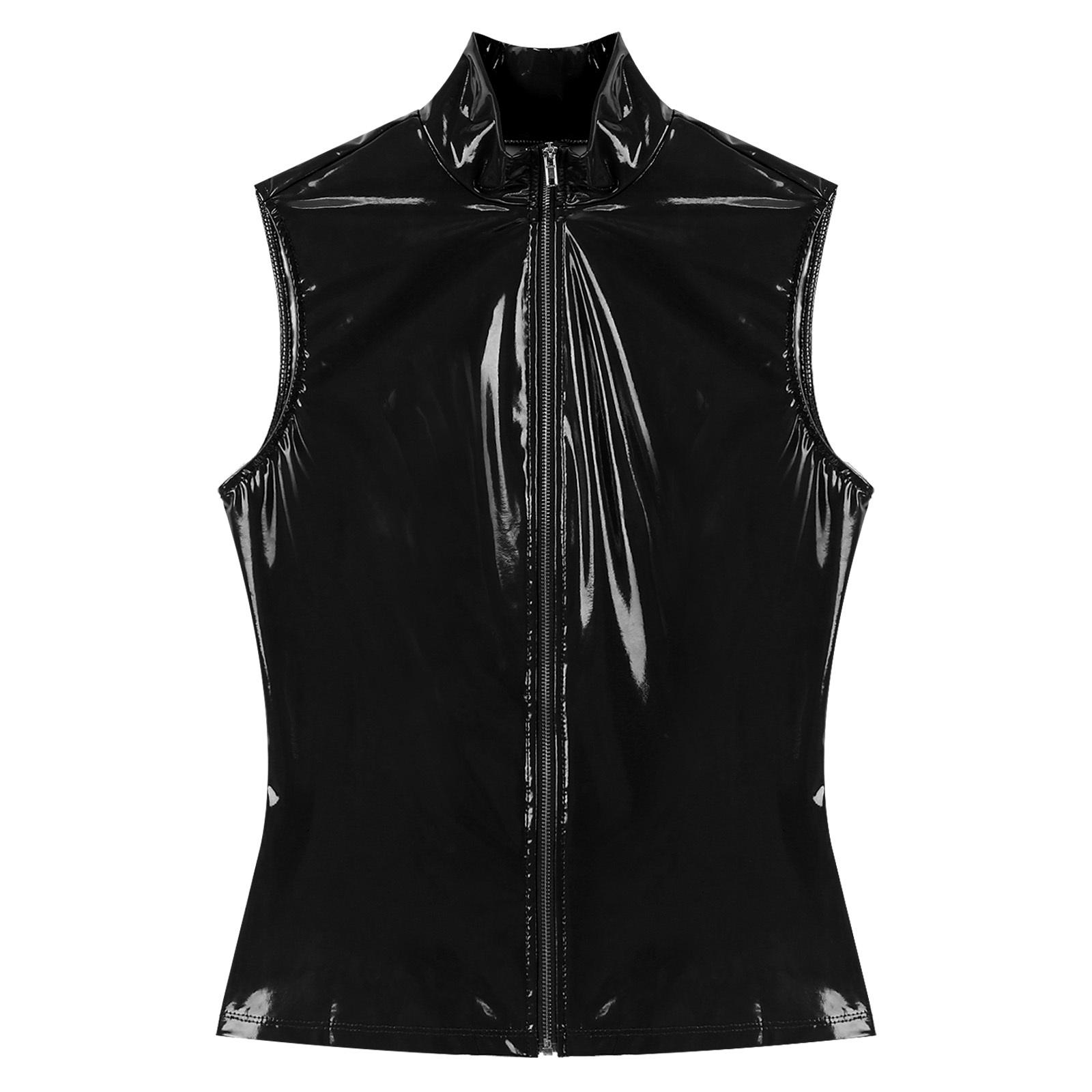 Yunduantong-Adult Mens Sleek Zipper Vest Patent Leather Stand Collar Sleeveless Jacket Clubwear Night Out Tops 3XL zwart