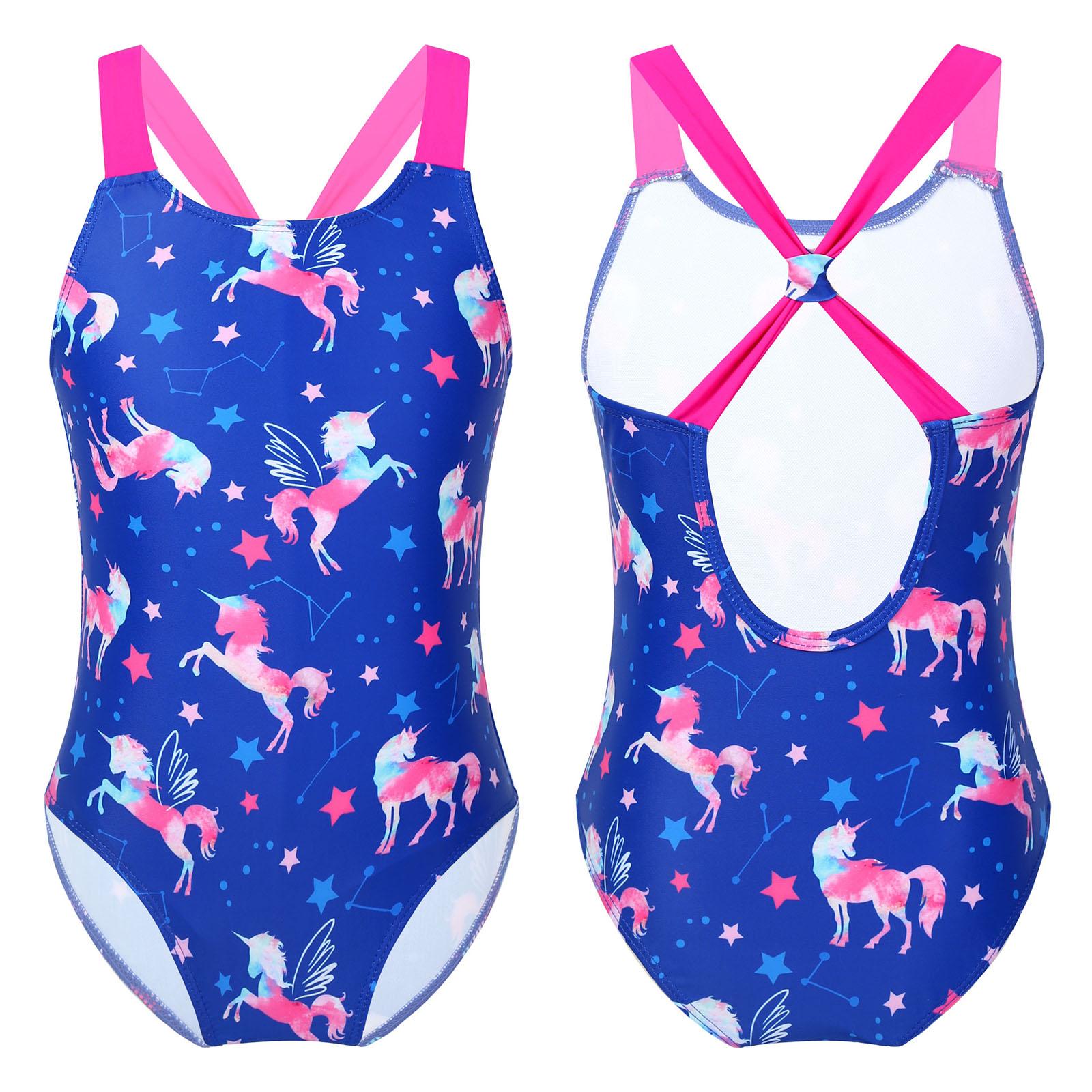 IEFiEL Kinderen meisjes cartoon strandkleding eendelige bodysuit mouwloos gekruist badpak sport atletisch badpak 7-8 Years blauw