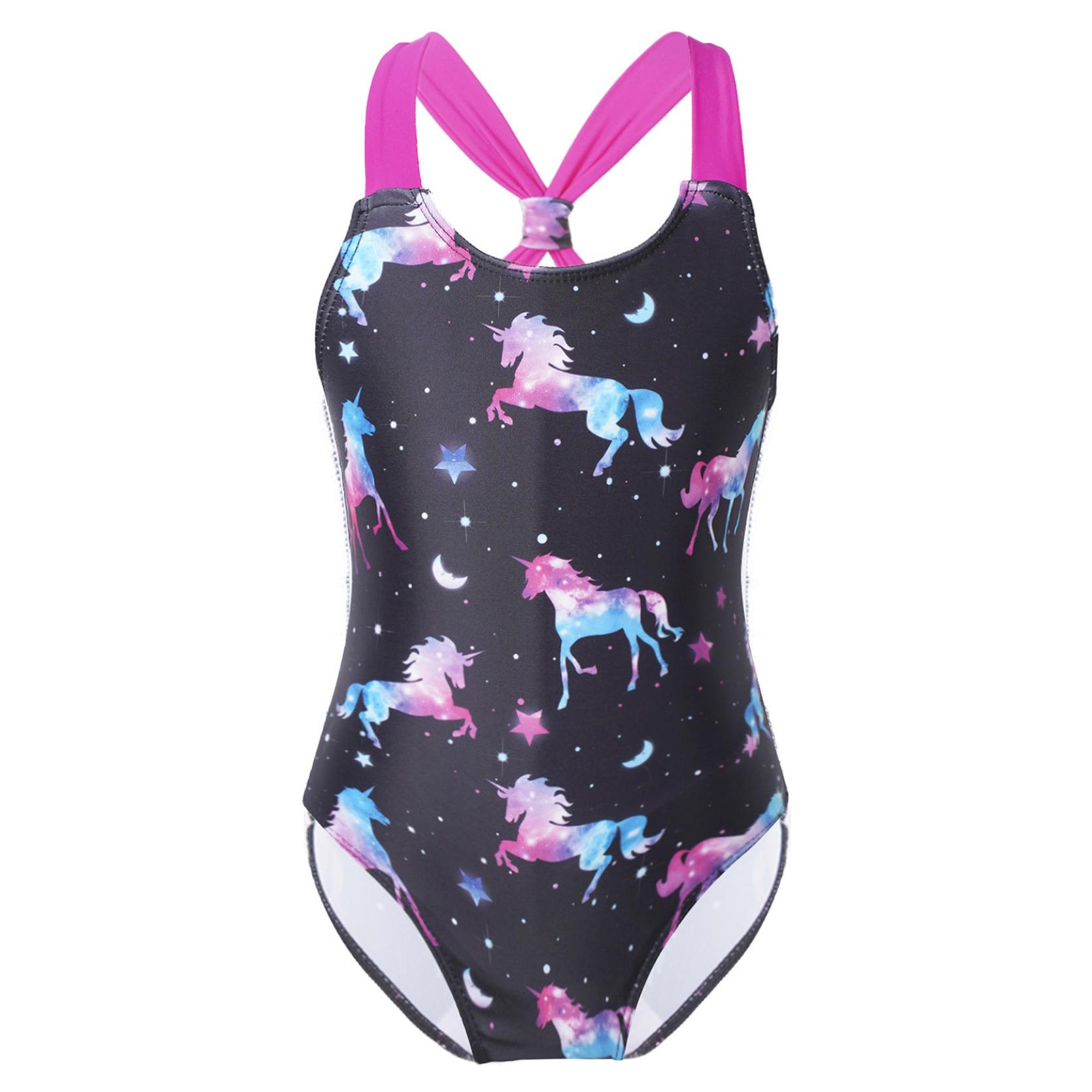IEFiEL Kinderen meisjes cartoon strandkleding eendelige bodysuit mouwloos gekruist badpak sport atletisch badpak 14-16 Years zwart