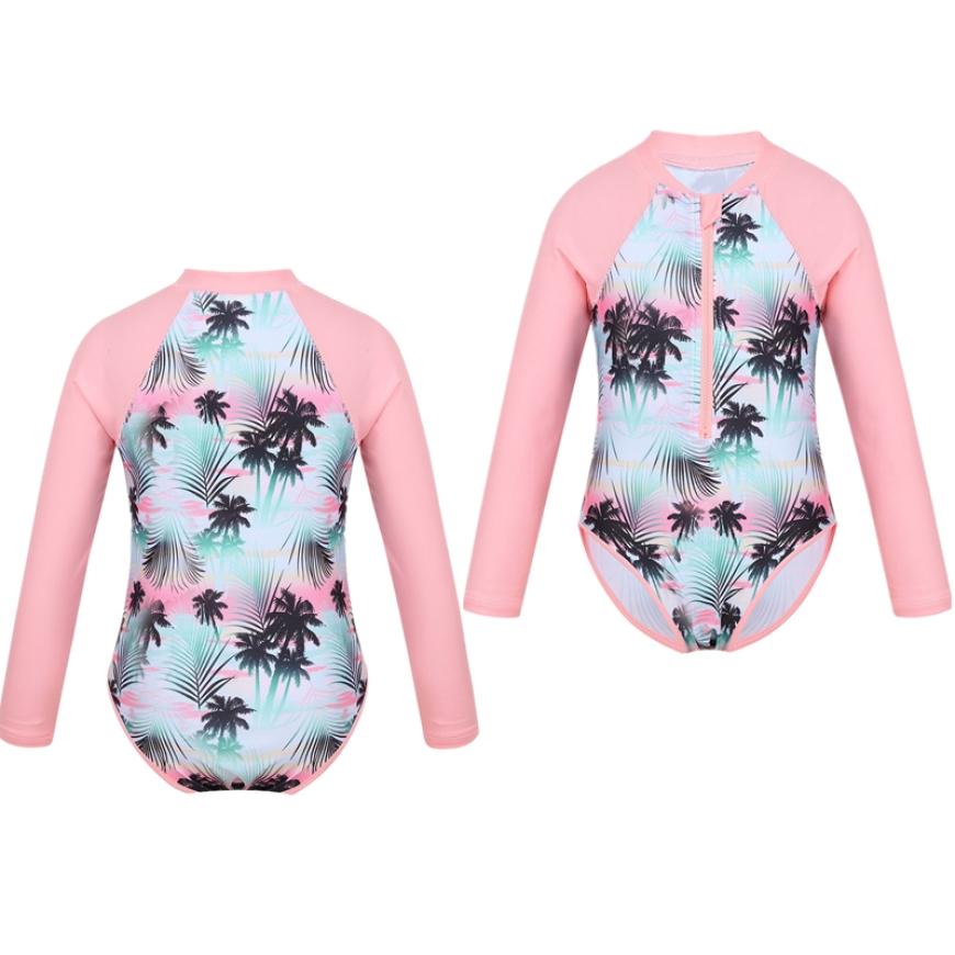 IEFiEL Kindermeisjeszwempak met lange mouwen, palmprint, badmode met ritssluiting, badpak, Rash Guard bodysuit, strandkleding 3-4 Years