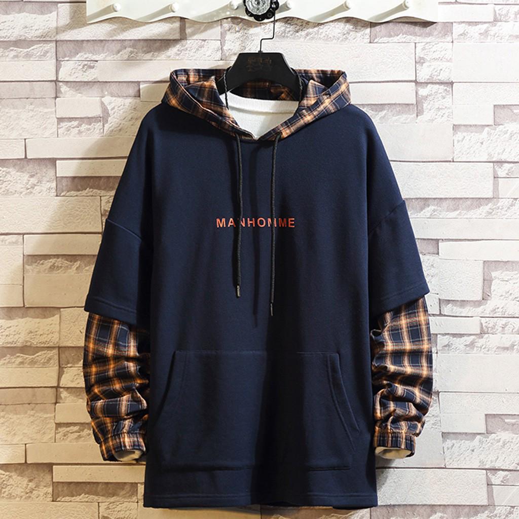 Ximalaya Ramidos Heren Splicing Button Pullover Sweatshirt met lange mouwen en capuchon Tops Blouse XXXXXL donkerblauwe kleur