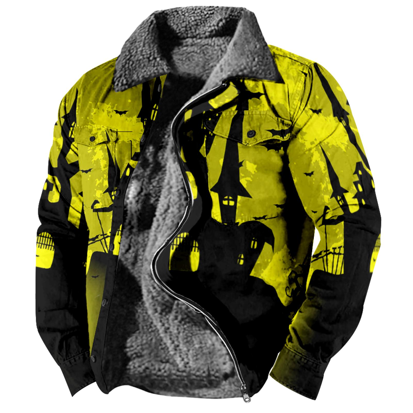 Timoduizhang Winter Halloween-casual print voor heren, dikke jas met lange mouwen en knopen XL geel