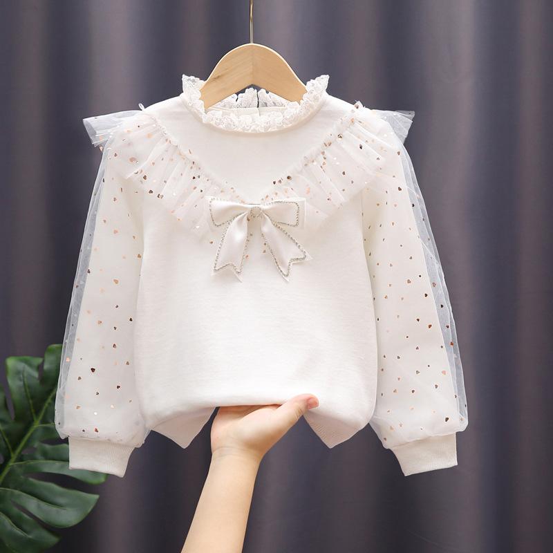 Happytimes Lente Herfst Baby Peuter Prinses School Meisjes Blouse Wit Meisjesoverhemd met lange mouwen Katoenen kinderkanten Tops Kindershirts 120cm wit
