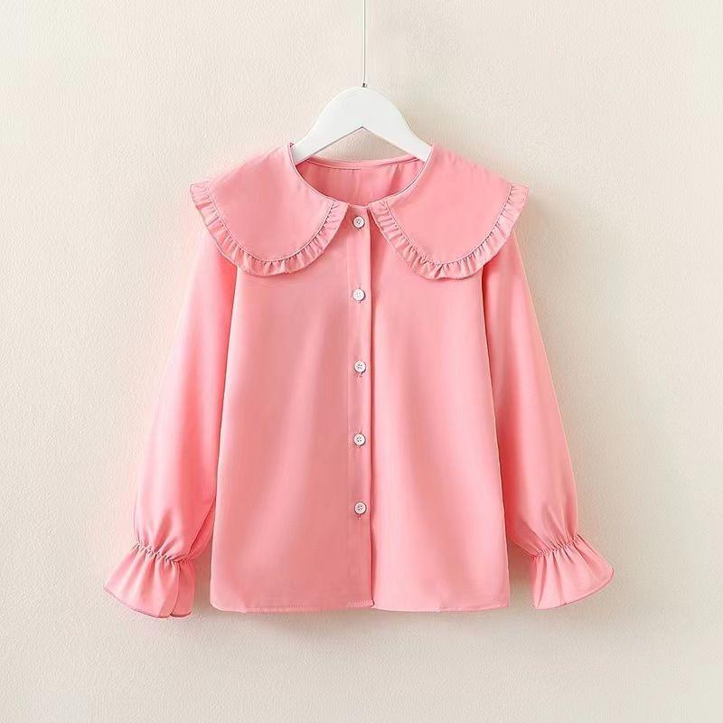 Happytimes Meisjes blouse met lange mouwen Pop kraag Herfst nieuwe jonge kinderkleding Koreaanse tienermeisjes knop witte shirts lente tops 120cm roze