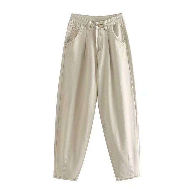 AB33XE Kaki vrouwelijke cargobroek hoge taille harem losse jeans plus size broek vrouw casual streetwear mama jeans M beige