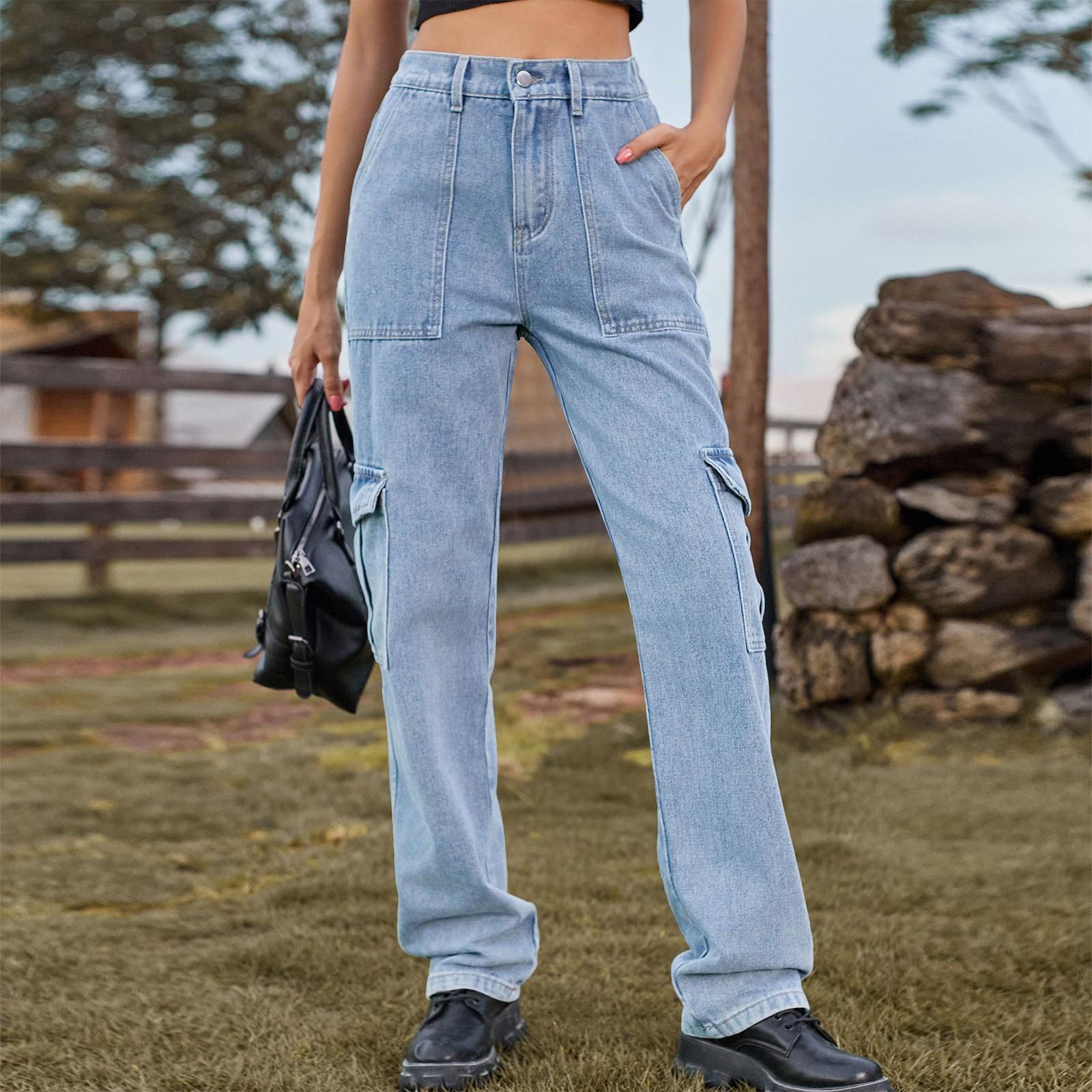 Timoduizhang Comfortabele en modieuze semi-elastische denim werkkledingbroek voor dames met rechte, casual pasvorm XL lichtblauwe kleur