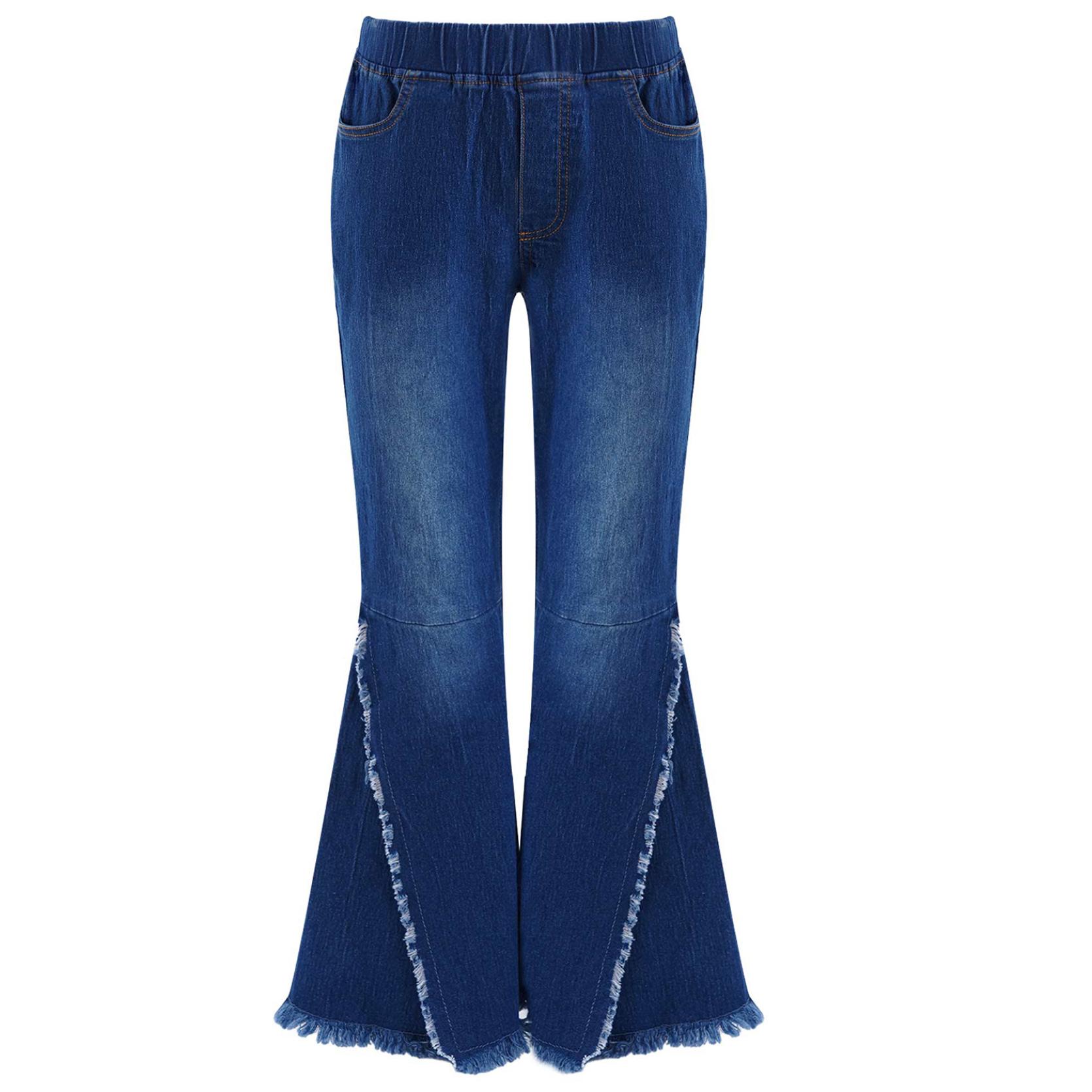 IEFiEL Stijlvolle kleding voor kinderen, meisjes, elastische tailleband, kruislings gescheurd, denim met wijde pijpen en wijde pijpen 3-4 Years donkerblauwe kleur