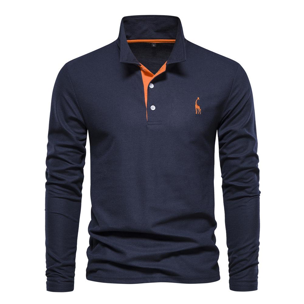 Mimansp 2025 Lente en herfst nieuw poloshirt voor heren van katoen, modieus casual herenshirt met geborduurd hert en lange mouwen L marineblauwe kleur/oranje